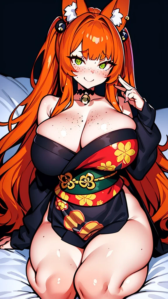 a beautiful and stunning woman with long, wavy orange hair and green eyes, twin volumous ponytails, wearing a black kimono with a red floral print , orange fox ears, lying on the bed with a shy smile, red cheeks and light freckle marks only on her face, defined silhouette, huge breasts, thick thighs, earrings of skulls, dark environment, dark colors, pastel tone, cold palette, sharpness, attention to detail, richness of details, cute aesthetics, cherry blossoms decorating the hair