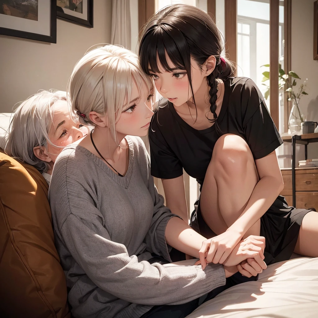 A girl caring for her grandmother