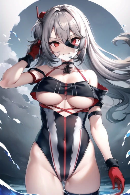 u-410_\(Azure_lane\),Grey Hair,Long Hair, Red eyes, choker, one piece_Swimwear,Underbust, gloves, Exposing shoulders, smile,In the water, Cowboy Shot,, masterpiece, Highest quality, Highly detailed face, Sharp details, High Contrast,
