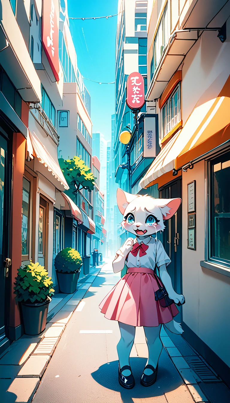 Crying kitten on a street corner, City street corner、A white furry kitten is crying with big tears, skyscraper、Cars passing by on the street、Sidewalk, White kitten wearing a pink skirt and white shirt, Big tears are spilling from the kitten's eyes