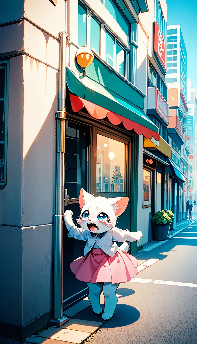 Crying kitten on a street corner, City street corner、A white furry kitten is crying with big tears, skyscraper、Cars passing by on the street、Sidewalk, White kitten wearing a pink skirt and white shirt, Big tears are spilling from the kitten's eyes