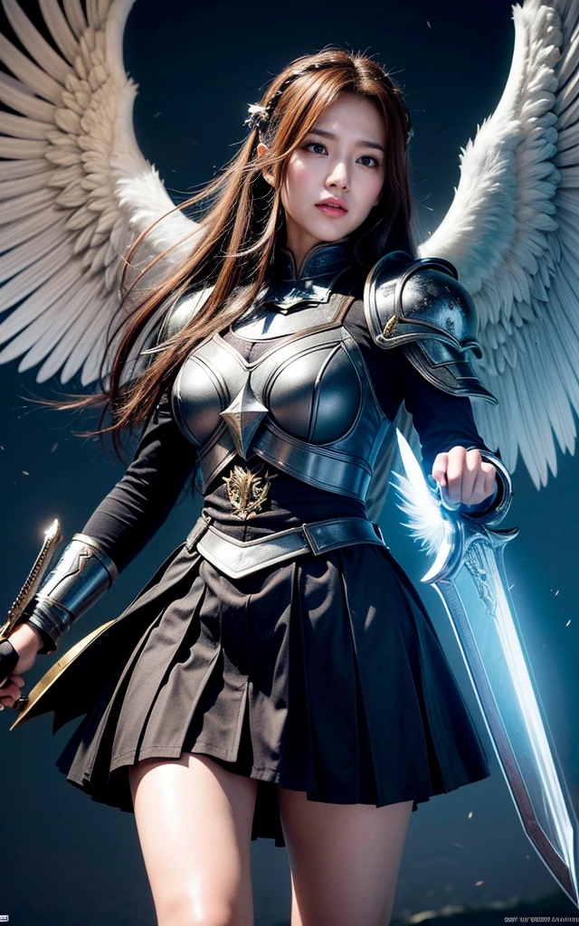 Ultra-high resolution,High-resolution details,A powerful angel in heavenly armor, Sword with shield, Seven wings, Be prepared for battle