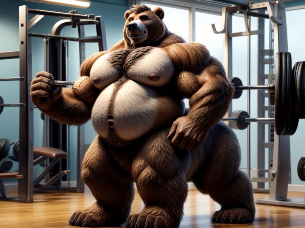 furry, fur taur, beartaur, middle-age, solo,1man, detailed face, bear ears, bear eyes(brown), bear nose(black), bear mouth, beard(grey), mature hair(grey), detailed arms, thick arms, muscular, thick hands(5 fingers), detailed body belly, thick body, muscle belly(white), thick chest, chest hair(white), nipples, detailed taur body, thick taur body, thick bear paws, thick bear tail, full body shot, standing in the gym