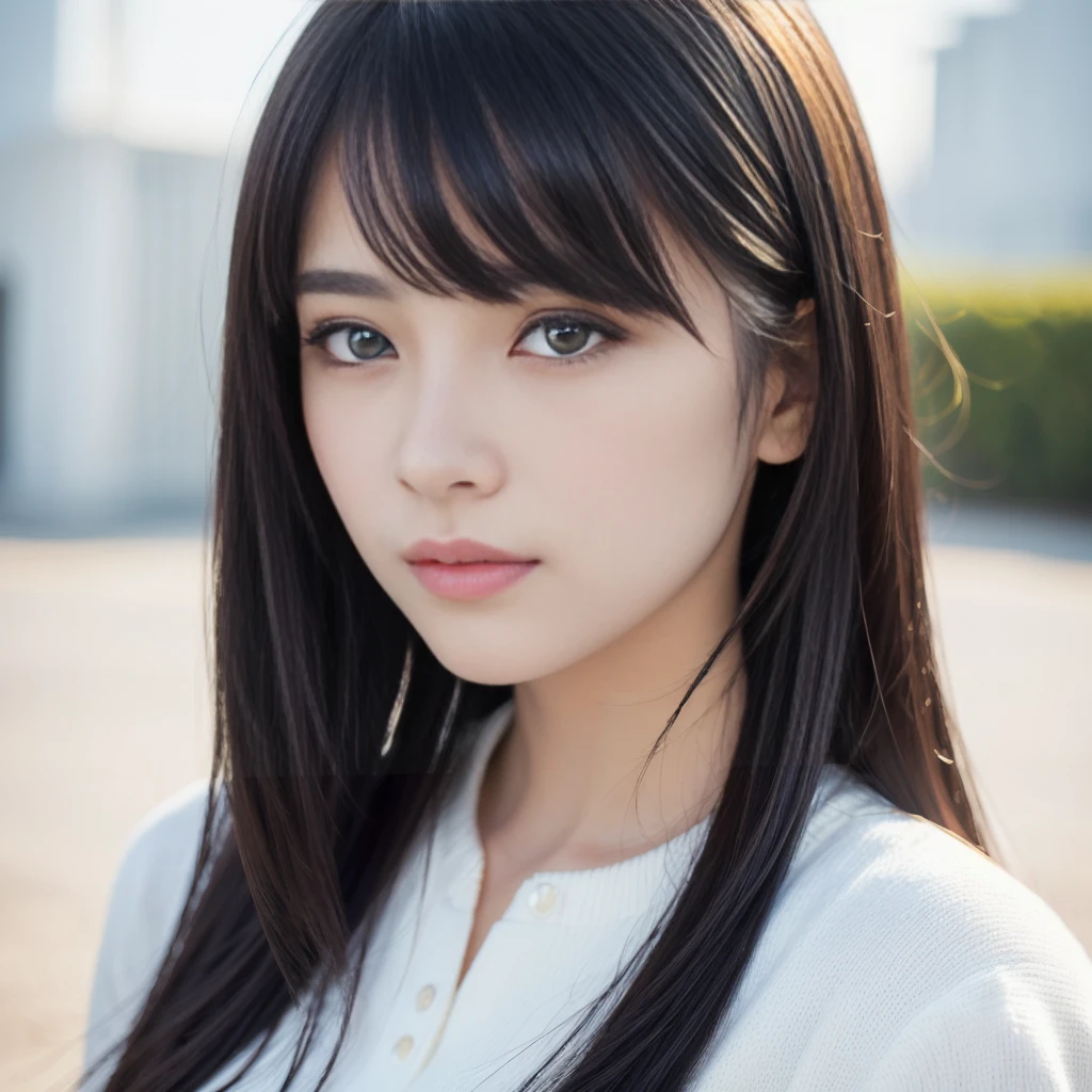 Close-up of a woman with long black hair, Real life anime girls, she has black hair With bangs, Larisa Manovar, neat hair With bangs, Straight Hairstyles, Straight black hair, With bangs, Girl cute beautiful face, 8K Selfie, Cute natural anime face、Surrealism, 8k, super detail, best quality, uhd, accurate, highres, high details