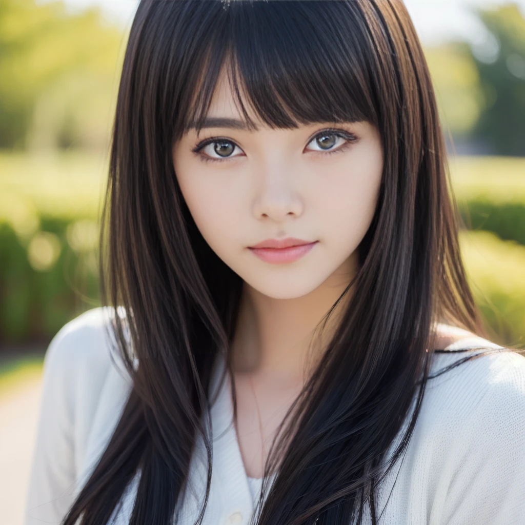 Close-up of a woman with long black hair, Real life anime girls, she has black hair With bangs, Larisa Manovar, neat hair With bangs, Straight Hairstyles, Straight black hair, With bangs, Girl cute beautiful face, 8K Selfie, Cute natural anime face、Surrealism, 8k, super detail, best quality, uhd, accurate, highres, high details
