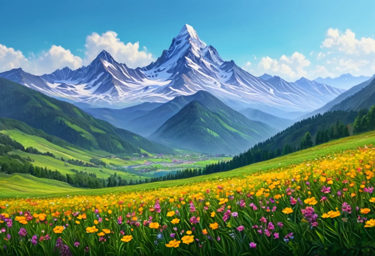 painting of a mountain with a field of flowers in front of it, painted landscape, mountainscape, 8k resolution digital painting, 8 k resolution digital painting, a digital painting, oil digital painting, digital painted, 4 k digital painting, 4k digital painting, mountain scene, digital 4k painting, detailed digital painting, mountains in a background, mountain landscape