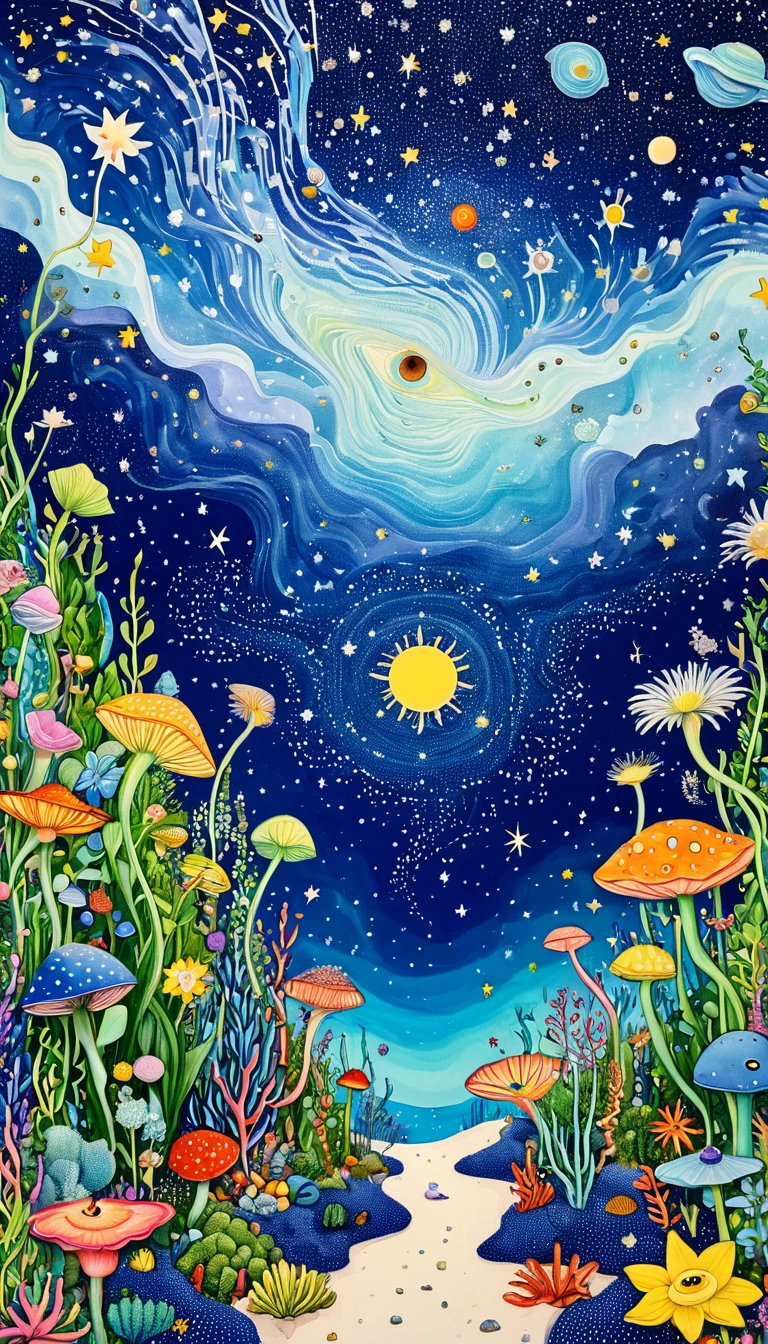 Psychedelic Art。plant、Marine life、Eye、Starry Sky，An abstract painting at the joint，Describing the inner world of autistic people，Sense of space，blank，White Space，Pointillism method，Childish lines，Klein Blue