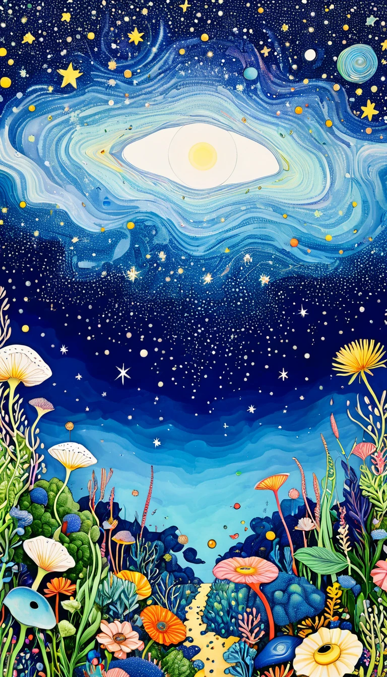 Psychedelic Art。plant、Marine life、Eye、Starry Sky,An abstract painting at the joint,Describing the inner world of autistic people,Sense of space,blank,White Space,Pointillism method,Childish lines,Klein Blue
