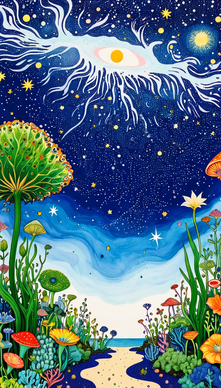 Psychedelic Art。plant、Marine life、Eye、Starry Sky，An abstract painting at the joint，Describing the inner world of autistic people，Sense of space，blank，White Space，Pointillism method，Childish lines，Klein Blue