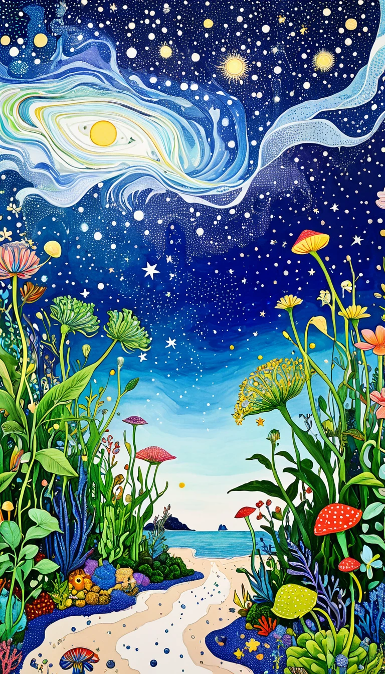 Psychedelic Art。plant、Marine life、Eye、Starry Sky，An abstract painting at the joint，Describing the inner world of autistic people，Sense of space，blank，White Space，Pointillism method，Childish lines，Klein Blue