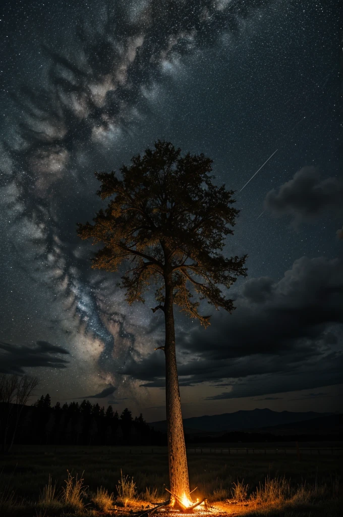 Lighting falling from dark sky into a dead fire tree