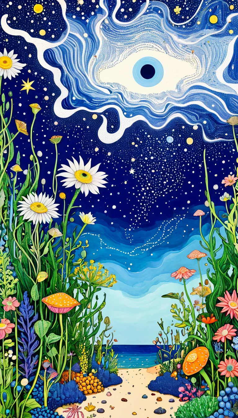 Psychedelic Art。plant、Marine life、Eye、Starry Sky,An abstract painting at the joint,Describing the inner world of autistic people,Sense of space,blank,White Space,Pointillism method,Childish lines,Klein Blue