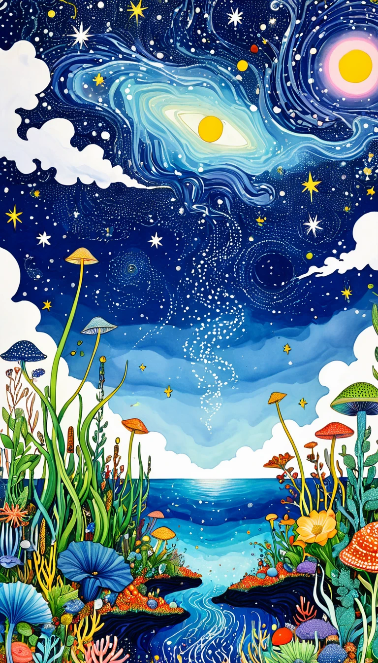 Psychedelic Art。plant、Marine life、Eye、Starry Sky，An abstract painting at the joint，Describing the inner world of autistic people，Sense of space，blank，White Space，Pointillism method，Childish lines，Klein Blue
