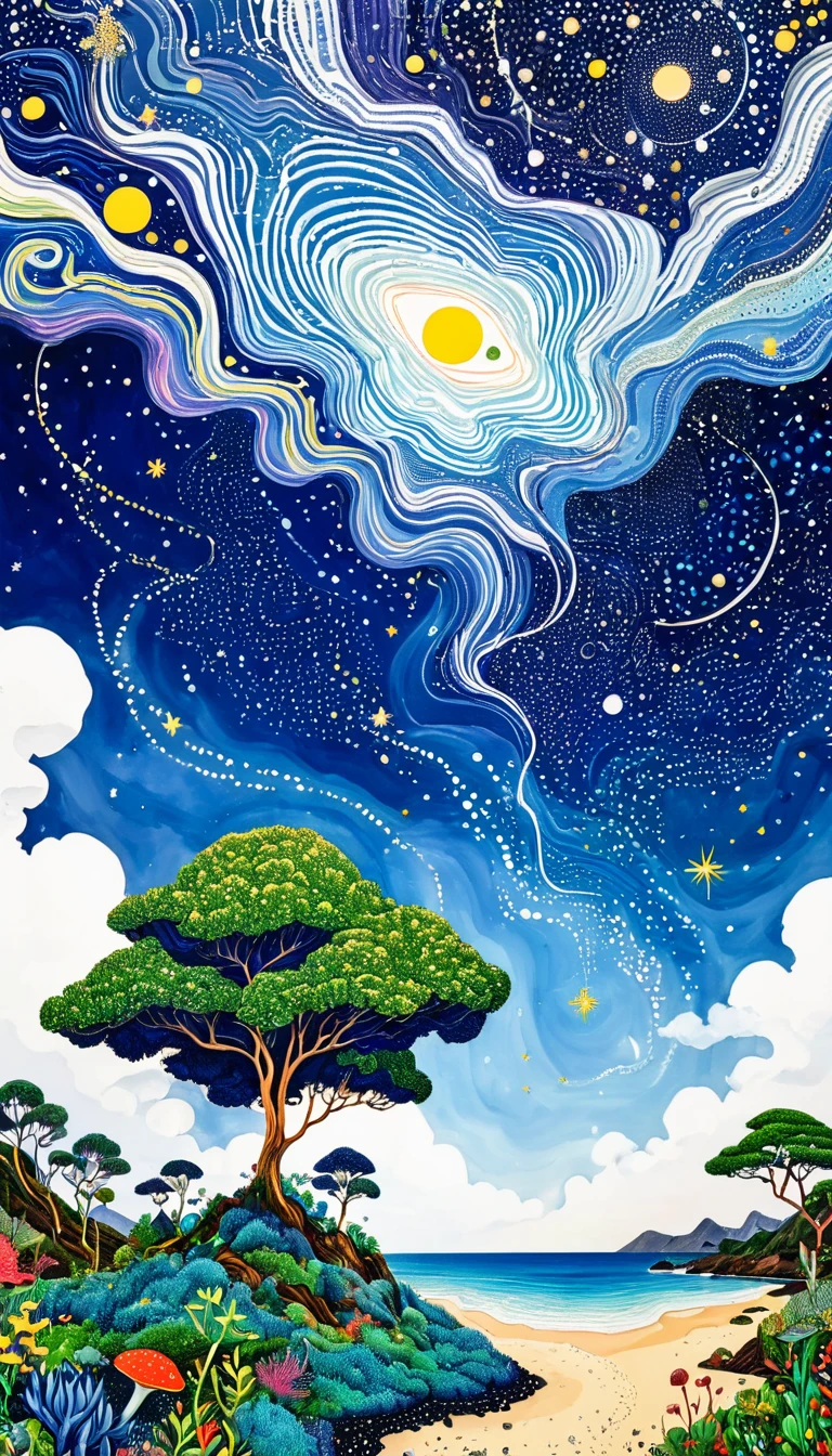 Psychedelic Art。plant、Marine life、Eye、Starry Sky,An abstract painting at the joint,Describing the inner world of autistic people,Sense of space,blank,White Space,Pointillism method,Childish lines,Klein Blue