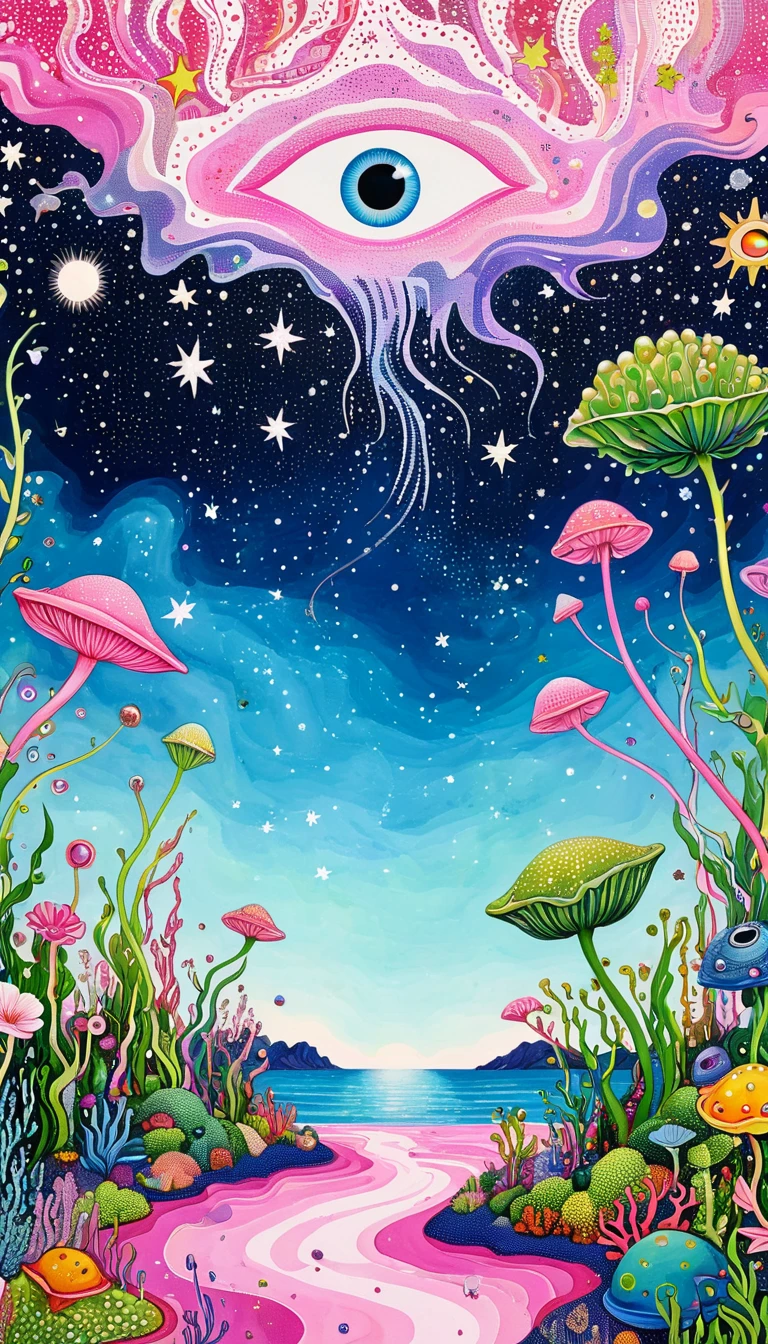 Psychedelic Art。plant、Marine life、(((Eye)))、Starry Sky,An abstract painting at the joint,Describing the inner world of autistic people,Sense of space,blank,White Space,Pointillism method,Childish lines,Pink theme