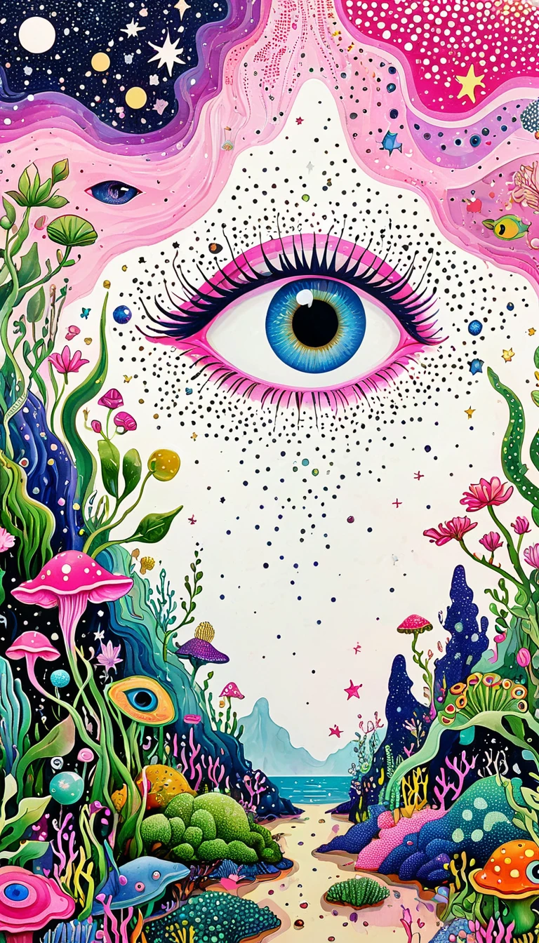 Psychedelic Art。plant、Marine life、(((Eye)))、Starry Sky,An abstract painting at the joint,Describing the inner world of autistic people,Sense of space,blank,White Space,Pointillism method,Childish lines,Pink theme