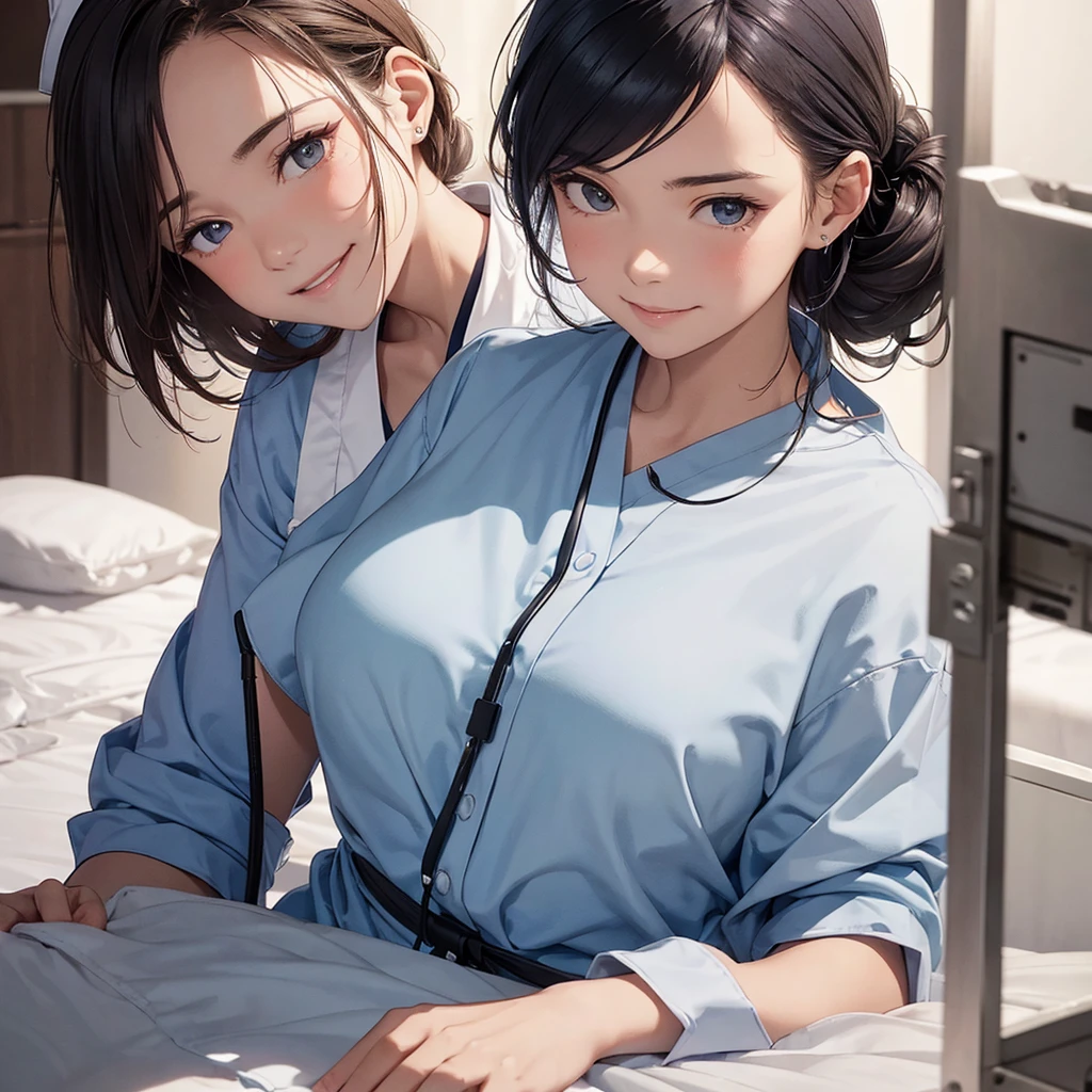 highest quality、Wearing a nurse uniform、On the bed、nipples protruding、Black Hair、Bob Hair