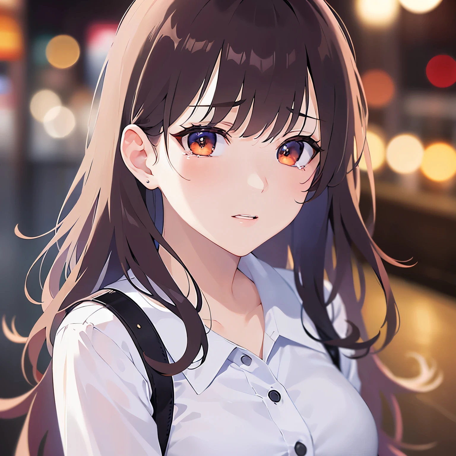 looking up, Shooting from above、Upper Body, Realistic, real person, (pale skin: 1.2), RAW photo, photorealistic, shiny skin, shiny hair、(A 25-year-old woman with medium-length hair and bangs) and (wavy hair) and (brown hair) and (orange eyes) , white collared shirt 、(embarrassed:1.4), (tears:1.1), The background is a shopping street at night、Alone、Are standing