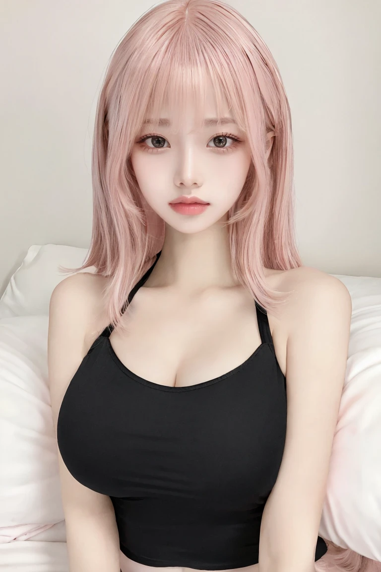 Cleavage:1.5、Full body image:1.2,(Pink Hair:1.5)、masterpiece、Highest quality、Extremely detailed 8K、Ultra HD、Very detailedな、Very detailed、Very realistic、Realistic、Japanese、One Girl、High head rate、Beautiful realistic face、Realistic face in every detail、Attention to detail, Realistic Hair、Beautiful and realistic hairstyles、Beautiful and realistic eyes、hVery detailed realistic eyes、Proportional eyes、HVery detailed pupils、Very detailedリアルな自然な眉毛、Very detailedリアルな唇、 Beautiful and realistic lips、Pink lipstick、Sexy lips、Realistic and well-proportioned breasts、Realistic medium sized breasts、Slim Abs、Very detailed皮膚、(tight black camisole:1.5)、(Lie on your back on a soft bed:1.5)、face waiting for kiss:1.5、From above、Cute room for female college students