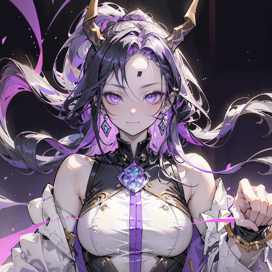 cheerful boy aristocrat open forehead. dark purple hair braided in a ponytail on the left side to one side. sinuous black horns wrapped in dark purple ribbon. pale violet eyes. in short dark purple shorts. long white T-shirt. dark purple knee-high socks. a white long robe with a hood flutters in the wind. black ancient stone walls of the castle purple light from lamps with gold ornaments, heterochromia, long curly hair, pale skin, I look at the viewer, closed mouth, bright smile, Beautiful, extremely detailed eye, Absolutely amazing art, extremely detailed, Digital art of the highest quality, full length, old piano, ancient walls of a stone castle