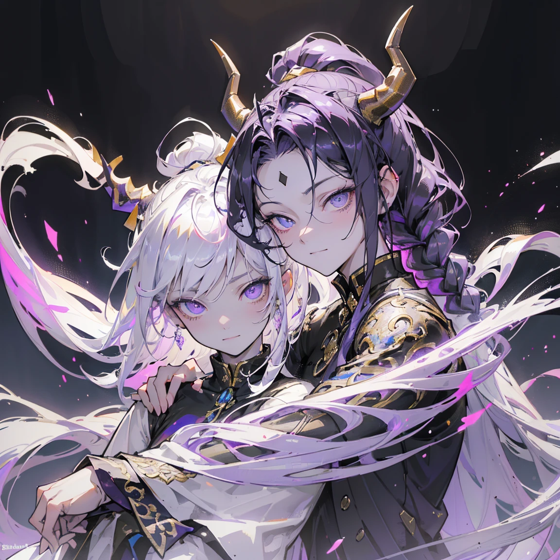 cheerful boy aristocrat open forehead. dark purple hair braided in a ponytail on the left side to one side. sinuous black horns wrapped in dark purple ribbon. pale violet eyes. in short dark purple shorts. long white T-shirt. dark purple knee-high socks. a white long robe with a hood flutters in the wind. black ancient stone walls of the castle purple light from lamps with gold ornaments, heterochromia, long curly hair, pale skin, I look at the viewer, closed mouth, bright smile, Beautiful, extremely detailed eye, Absolutely amazing art, extremely detailed, Digital art of the highest quality, full length, old piano, ancient walls of a stone castle