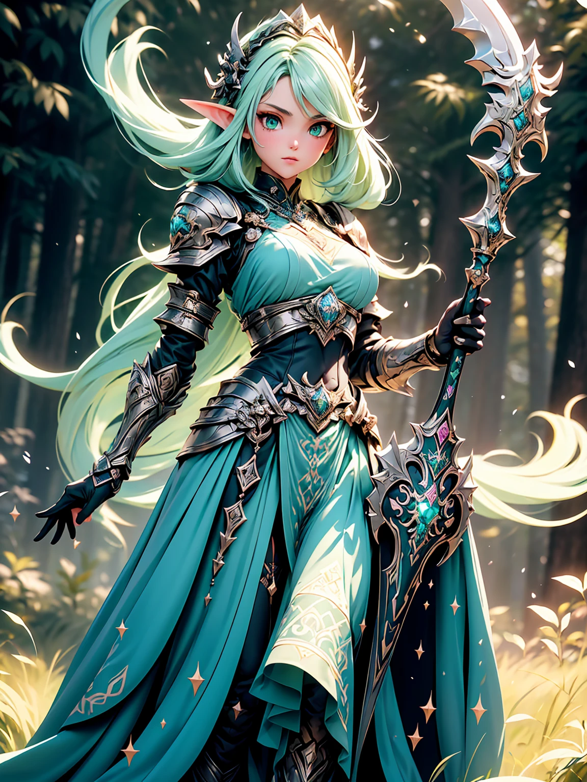 (((Masterpiece, best quality, high detailed, 8k))) Design a layout showcase Gaming character, (1girl). Light pink hair, green eyes, wearing a futuristic armor, wielding an empowering spear. (masterpiece:1.2), (best quality), ultra-detailed. (Step by step design, layout art:1.5), (luminous lighting, atmospheric lighting). Majestic elf in a magnificent forest with beautiful lighting. ((glove full hands)), intricate vambraces, high-tech legwear, (((full_body_shot:1.4))). The elf stands gracefully amidst ancient, towering trees, their leaves shimmering with a magical glow. The futuristic armor, a blend of sleek metal and glowing energy lines, contrasts beautifully with the natural surroundings. Her light pink hair flows softly around her, framing her elegant face with piercing green eyes that radiate wisdom and strength. The empowering spear she holds is adorned with mystical runes and a radiant crystal at its tip, pulsing with an ethereal light. She exudes an aura of power and serenity, perfectly harmonized with the enchanting beauty of the forest around her. Art style inspired by Artgerm, Kawacy, and Wadim Kashin.