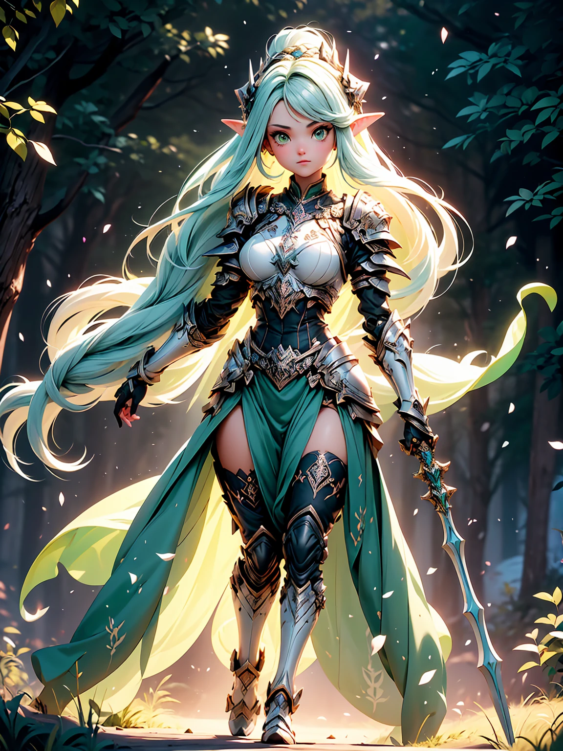 (((Masterpiece, best quality, high detailed, 8k))) Design a layout showcase Gaming character, (1girl). Light pink hair, green eyes, wearing a futuristic armor, wielding an empowering spear. (masterpiece:1.2), (best quality), ultra-detailed. (Step by step design, layout art:1.5), (luminous lighting, atmospheric lighting). Majestic elf in a magnificent forest with beautiful lighting. ((glove full hands)), intricate vambraces, high-tech legwear, (((full_body_shot:1.4))). The elf stands gracefully amidst ancient, towering trees, their leaves shimmering with a magical glow. The futuristic armor, a blend of sleek metal and glowing energy lines, contrasts beautifully with the natural surroundings. Her light pink hair flows softly around her, framing her elegant face with piercing green eyes that radiate wisdom and strength. The empowering spear she holds is adorned with mystical runes and a radiant crystal at its tip, pulsing with an ethereal light. She exudes an aura of power and serenity, perfectly harmonized with the enchanting beauty of the forest around her. Art style inspired by Artgerm, Kawacy, and Wadim Kashin.