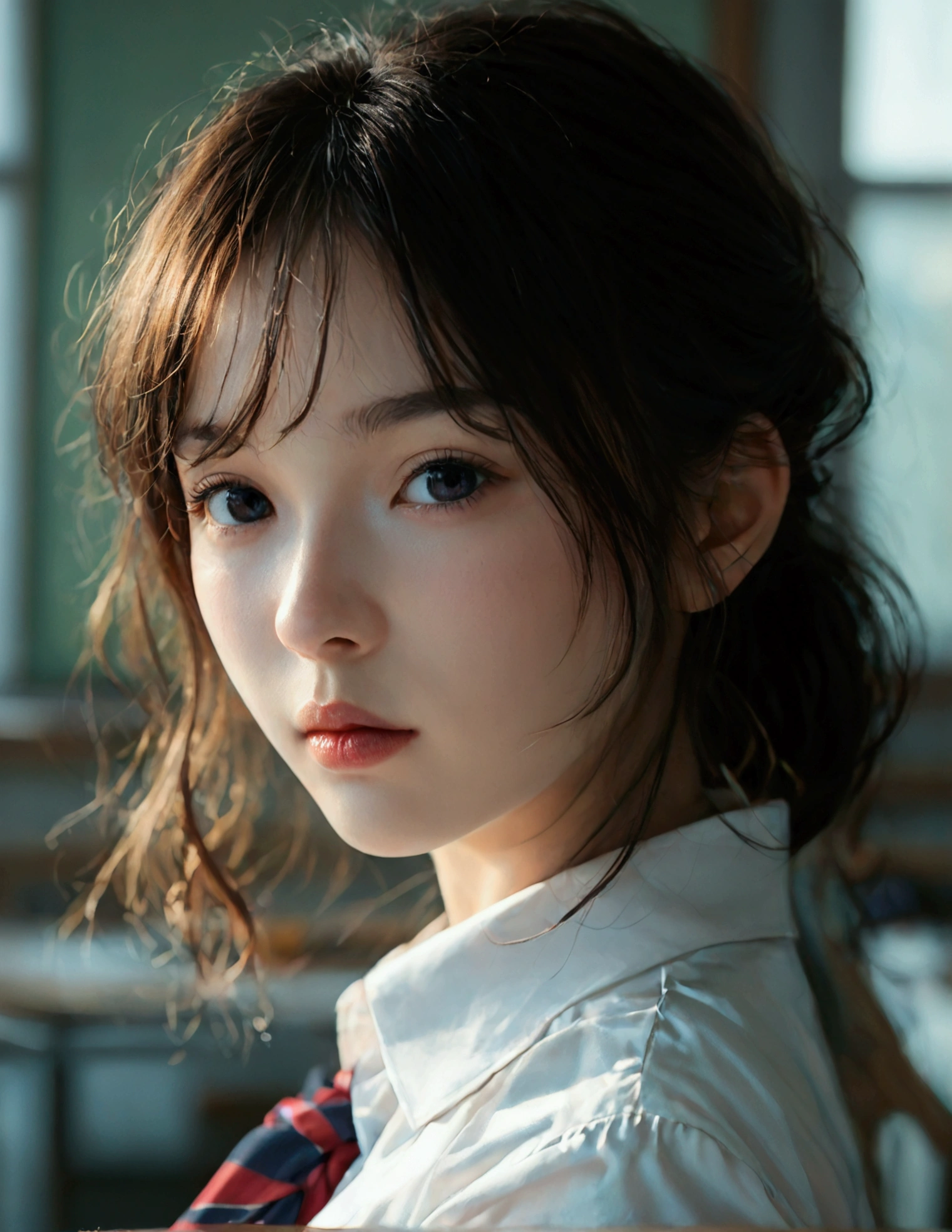 (best quality at best, 8k, a high resolution, masterpiece:1.2), score_9,score_8_up,score_7_up,8k, breasts, A beautiful Japanese woman, High school girl 、Her uniform is transparent and her underwear is visible:1.2、((Big Tits:1.3))、(Lift one leg:1.3)