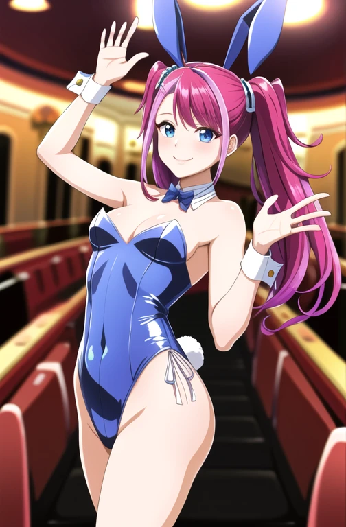 masterpiece, Highest quality, High resolution, hy1, hair ornaments, Multicolored Hair, casino, Bunny, Bunny ears, smile, wave hands