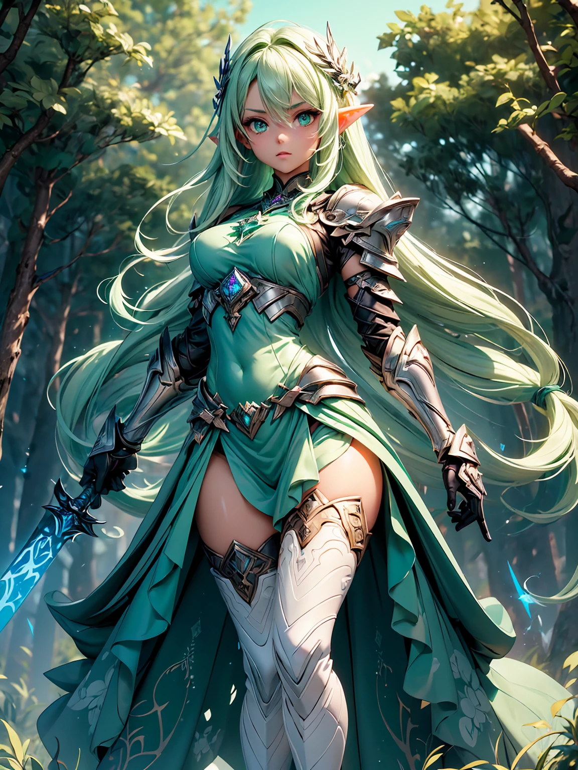 (((Masterpiece, best quality, high detailed, 8k))) Design a layout showcase Gaming character, (1girl). Light pink hair, green eyes, wearing a futuristic armor, wielding an empowering spear. (masterpiece:1.2), (best quality), ultra-detailed. (Step by step design, layout art:1.5), (luminous lighting, atmospheric lighting). Majestic elf in a magnificent forest with beautiful lighting. ((glove full hands)), intricate vambraces, high-tech legwear, (((full_body_shot:1.4))). The elf stands gracefully amidst ancient, towering trees, their leaves shimmering with a magical glow. The futuristic armor, a blend of sleek metal and glowing energy lines, contrasts beautifully with the natural surroundings. Her light pink hair flows softly around her, framing her elegant face with piercing green eyes that radiate wisdom and strength. The empowering spear she holds is adorned with mystical runes and a radiant crystal at its tip, pulsing with an ethereal light. She exudes an aura of power and serenity, perfectly harmonized with the enchanting beauty of the forest around her. Art style inspired by Artgerm, Kawacy, and Wadim Kashin.