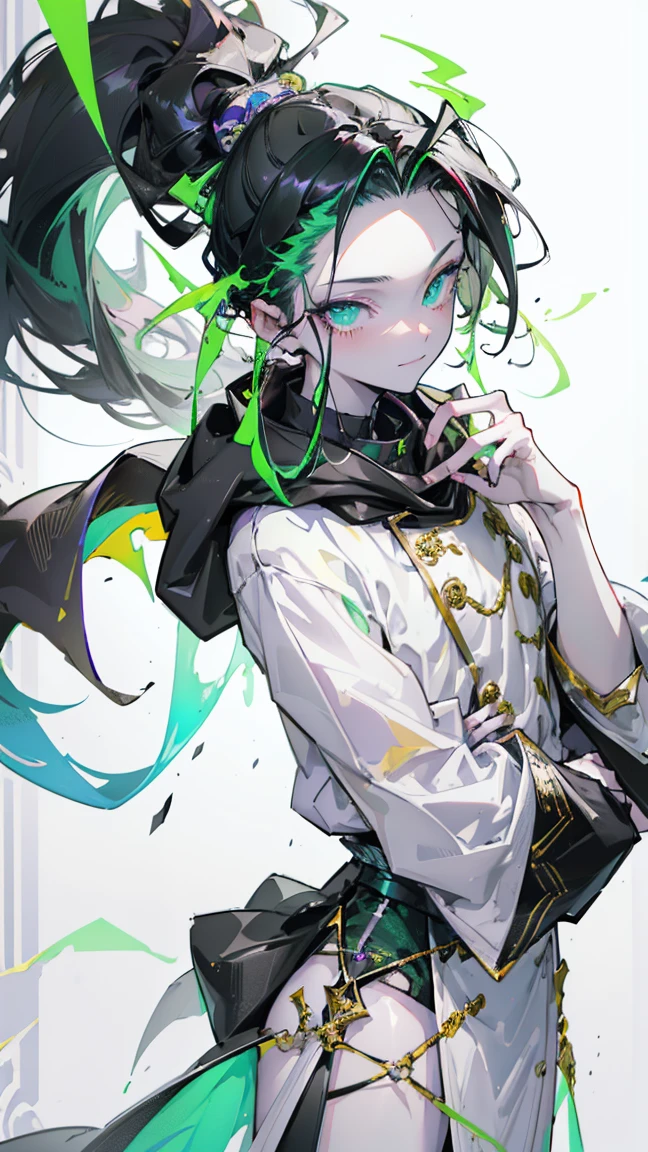 cheerful boy aristocrat open forehead. dark green hair braided in a ponytail on the left side to one side. sinuous black horns wrapped in dark green ribbon. pale green eyes. in short dark green shorts. long white T-shirt. dark green knee-high socks. a white long robe with a hood flutters in the wind. black ancient stone walls of the castle purple light from lamps with gold ornaments, heterochromia, long curly hair, pale skin, I look at the viewer, closed mouth, bright smile, Beautiful, extremely detailed eye, Absolutely amazing art, extremely detailed, Digital art of the highest quality, full length, old piano, ancient walls of a stone castle 
