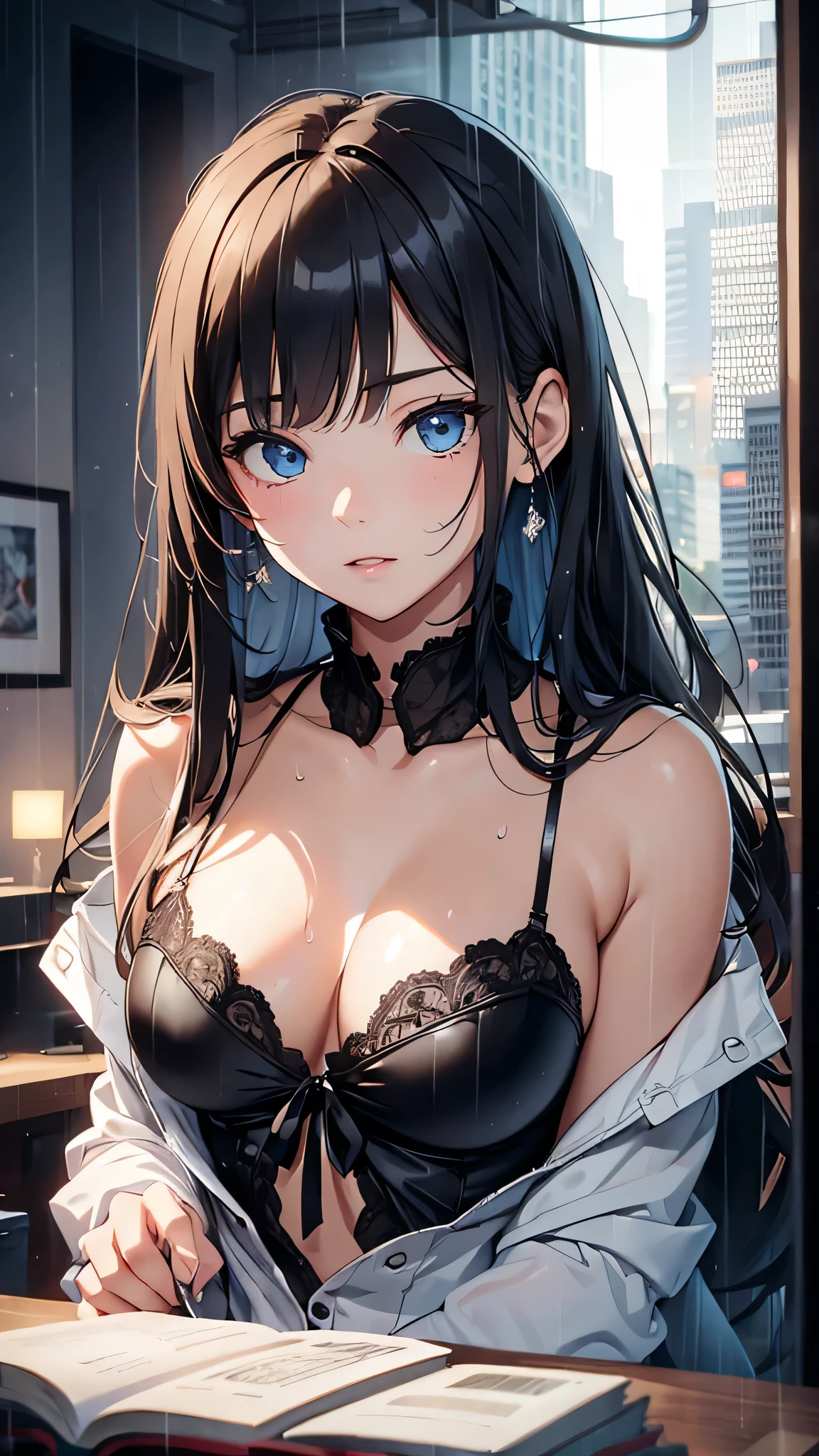 最high quality、Best image quality、masterpiece、With a girl((cute、、Best Bust、Medium Bust、Beautiful Blue Eyes、Spread your chest wide,Black Hair、Disheveled Hair、thin、Highest Valley、white open Y shirt,Black trousers、teary whole body is wet、Black underwear))high quality、Beautiful art、background((night、heavy rain、City)),Tabletop、Exquisite design、Visual Arts、Written boundary depth、Best lighting、Highest detail、8k