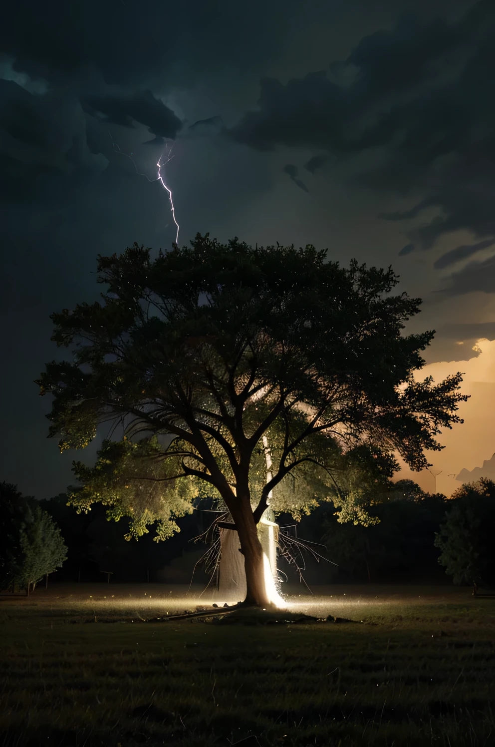 A lighting or thunder ways in dark sky falling on a haunted tree or firing tree
