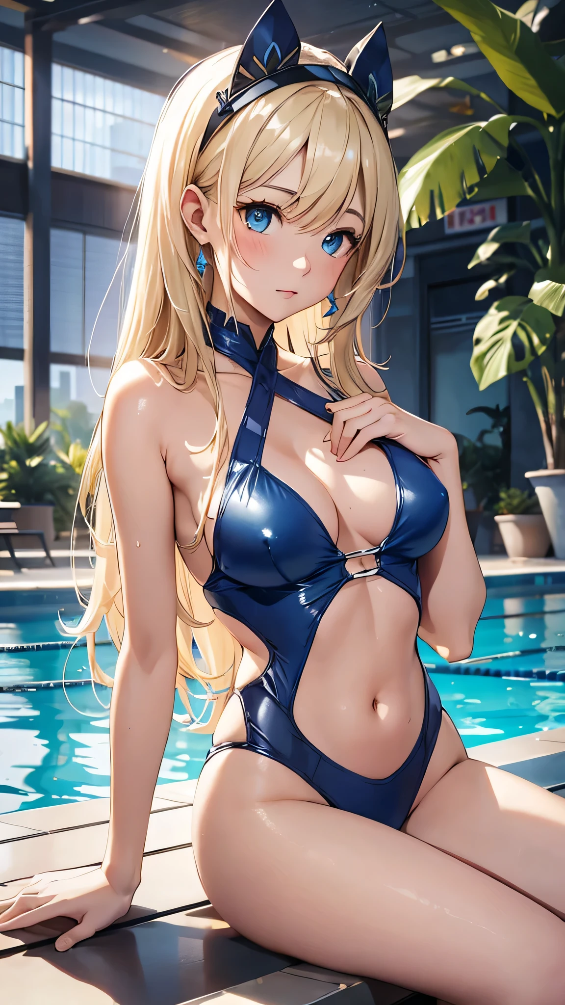 最high quality、Best image quality、masterpiece、With a girl((cute、、Best Bust、Medium Bust、Beautiful Blue Eyes、Spread your chest wide,blonde、thin、Highest Valley、Blue dress bikini,Show your whole body、Blue Mesh,swim,Embarrassed face、shame、Random Pause))high quality、Beautiful art、background((night、Daylight Saving Time、Pool facilitieany people々々、Leisure facilities)),Tabletop、Exquisite design、Visual Arts、Written boundary depth、Best lighting、Highest detail、8k