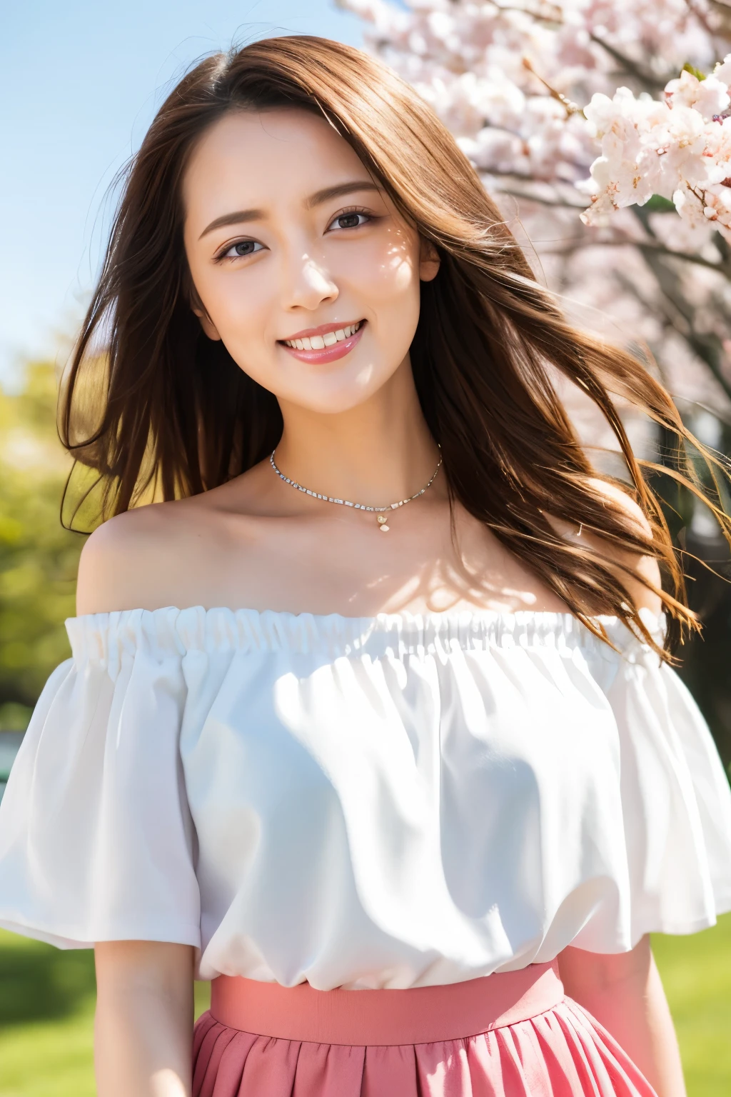 (Highest quality、Tabletop、8k、Best image quality、Hyperrealism)、Accurate ???????、The best smile、(Close-up of face:1.1)、(White off-the-shoulder blouse with large frills:1.2)、(Elegant and cute light pink flared skirt:1.2)、Blurry park background、Blurred cherry blossoms in full bloom、Are standing、(Very bright and vivid:1.2)、(Bright and glowing skin:1.3)、(Beautiful sunny sky:1.2)
