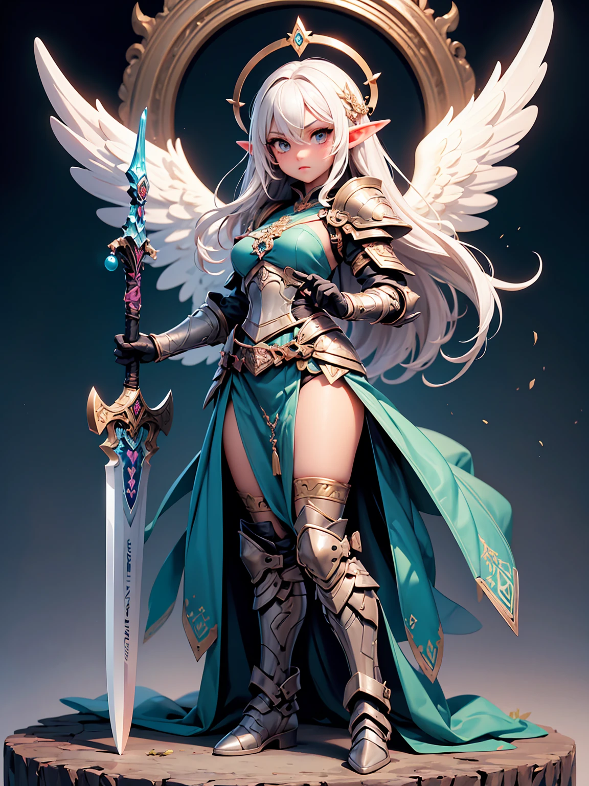 (((masterpiece, best quality, high detailed, 4k))) Design a layout showcase Gaming character, (1girl). Purple|Black clothes, stylish and unique. ((showcase weapon:1.4)), holy majestic spear. (luminous lighting, atmospheric lighting). arcane elf, ((glove full hands)), revealing clothes, vambraces, armored legwear, full body shot. {In a mystical library}. (zentangle, mandala, fractal art:1.3), maxiskirt, dress conservatively, (elf:1.2), solo, full body, wide shot, standing with white boots, holding spear down, blunt bangs, hair between eyes, white hair, golden eyes, long hair, elf ears, Valkyrie white armor, angel, chest protector, side bang, looking at viewer, dynamic pose, art style by Artgerm, by Kawacy, by Wadim Kashin, BREAK, eyelashes, eyeshadow, pink eyeshadow.
