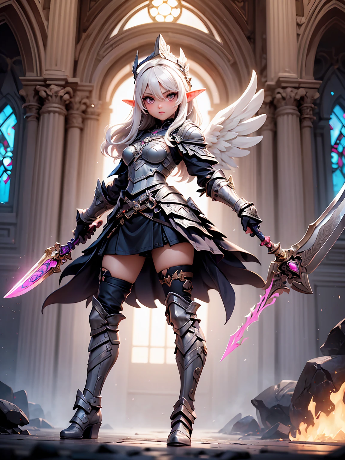 (((masterpiece, best quality, high detailed, 4k))) Design a layout showcase Gaming character, (1girl). Purple|Black clothes, stylish and unique. ((showcase weapon:1.4)), holy majestic spear. (luminous lighting, atmospheric lighting). arcane elf, ((glove full hands)), revealing clothes, vambraces, armored legwear, full body shot. {In a mystical library}. (zentangle, mandala, fractal art:1.3), maxiskirt, dress conservatively, (elf:1.2), solo, full body, wide shot, standing with white boots, holding spear down, blunt bangs, hair between eyes, white hair, golden eyes, long hair, elf ears, Valkyrie white armor, angel, chest protector, side bang, looking at viewer, dynamic pose, art style by Artgerm, by Kawacy, by Wadim Kashin, BREAK, eyelashes, eyeshadow, pink eyeshadow.