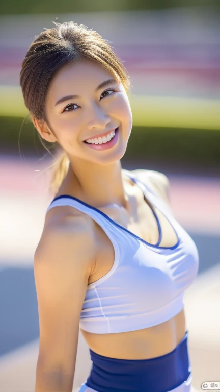 ((Highest quality、8k、masterpiece:1.3))、sunny、(Athletics Stadium)、Track and field athlete、(Young Japanese Woman),(Anatomically correct body)、Highly detailed beautiful face、Beautiful skin texture、(smile)、Beautiful eyes、double eyelid、Large Breasts、Beautiful long legs、(Looking into the camera)、(Sexy sportswear)、(Muscular body)、(可愛いsmile)