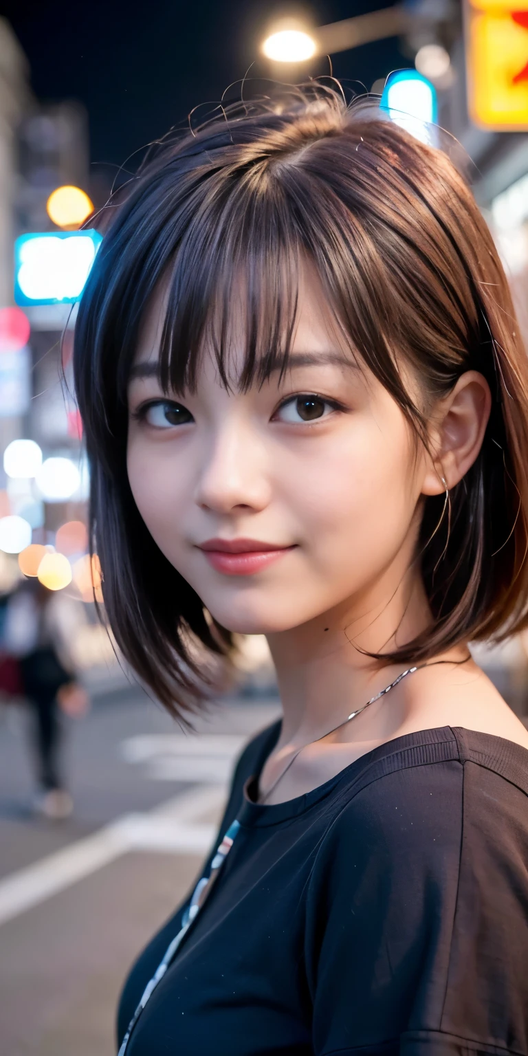1 girl, Tokyo Street,night, Streetscape,City lights,Upper Body,close,smile,, (8k, RAW Photos, Highest quality, masterpiece:1.2),(Realistic, photo-Realistic:1.37),