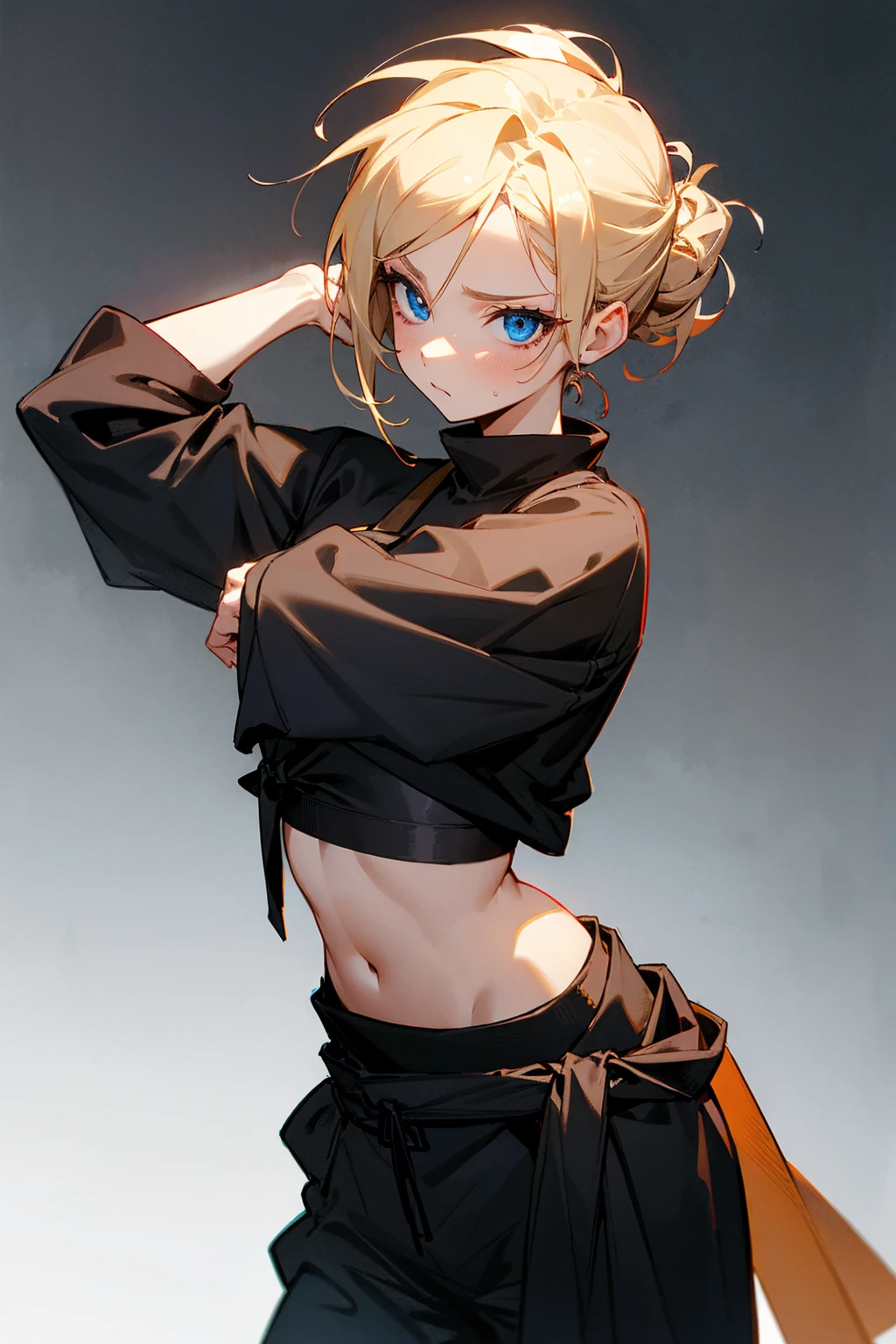 blonde hair, (((sleeveless crop-top))), (((black short skirt with belt))), ((((thigh-high black stocking)))), blue eyes, navel, ((cute innocent face, open mouth, allure)), [[playful]]], [[[bedroom]]], front-view, [[Leaning forwards]], head down, butt up, arched back, (((((gravure position))))), (sexy), arousing, realistic, ((perfect symmetrical body)), (((slim hip)), (((slim thighs))), soft light, dawn light)), bloom, 1girl, super model body, (very slim body), thin, super model body, ultra-detailed CG, 8k, high detailed, realistic, solo, intricate details),