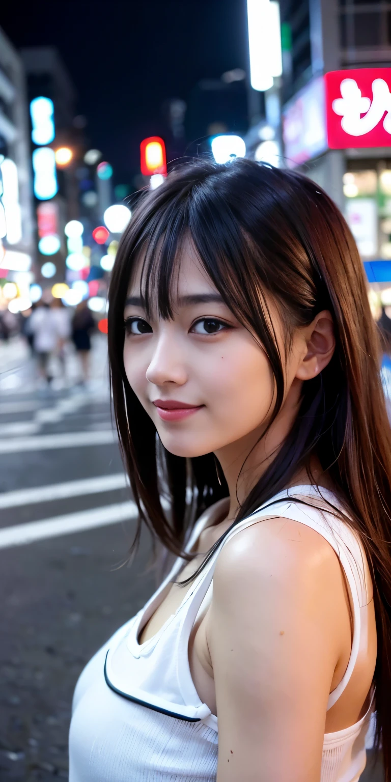 1 girl, Tokyo Street,night, Streetscape,City lights,Upper Body,close,smile,, (8k, RAW Photos, Highest quality, masterpiece:1.2),(Realistic, photo-Realistic:1.37),