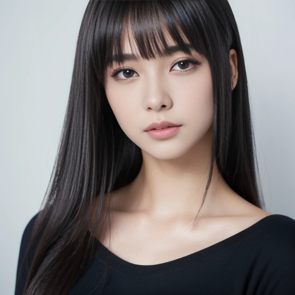 Close-up of a woman with long black hair, Real life anime girls, she has black hair With bangs, Larisa Manovar, neat hair With bangs, Straight Hairstyles, Straight black hair, With bangs, Girl cute beautiful face, 8K Selfie, Cute natural anime face、Surrealism, 8k, super detail, best quality, uhd, accurate, highres, high details