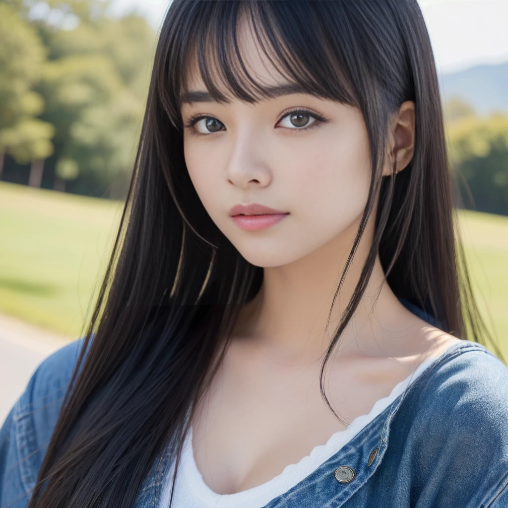 Close-up of a woman with long black hair, Real life anime girls, she has black hair With bangs, Larisa Manovar, neat hair With bangs, Straight Hairstyles, Straight black hair, With bangs, Girl cute beautiful face, 8K Selfie, Cute natural anime face、Surrealism, 8k, super detail, best quality, uhd, accurate, highres, high details