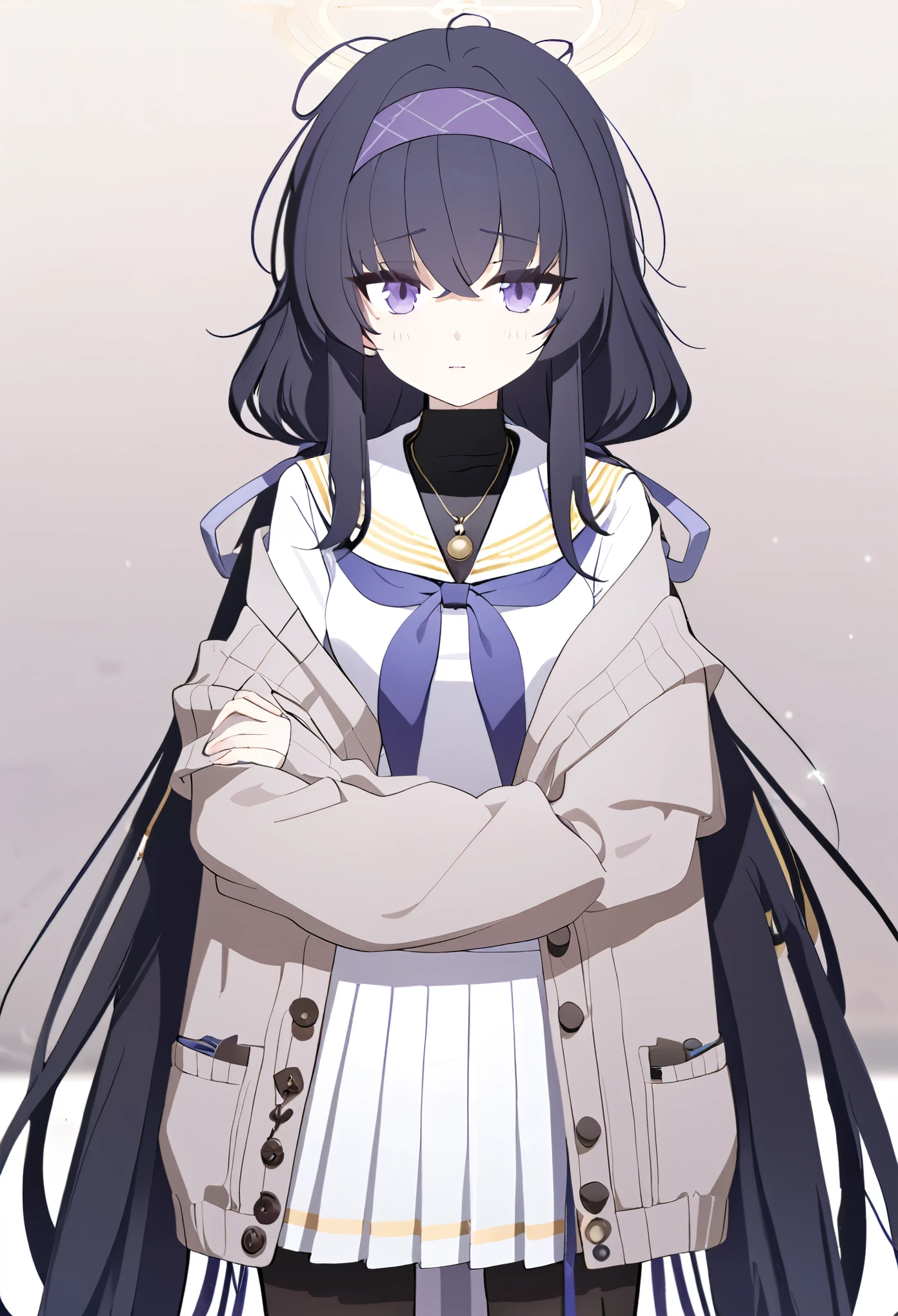 {{ui (blue archive)}}, purple eyes, black long hair, yellow halo, purple hairband, blue ribbon, sidelocks, low twintails, medium breasts, small necklace, (white serafuku, , blue neckerchief, long sleeves, black undershirt,) (open cardigan, grey cardigan, off shoulder,) pleated skirt, white long skirt, black pantyhose, , simple background, white background, ,1girl, solo, tachi-e, cowboy shot, from front, facing the front, looking at viewer, straight-on, close to viewer, year 2023,,very aesthetic, best quality, amazing quality, ,curated, highly detailed,