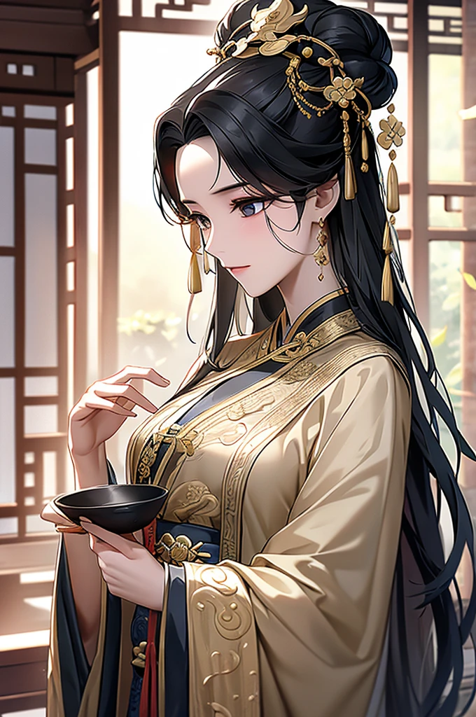 Black Hair, Immortal, Royal sister, Stepmother, Gold Robe, Taoist robe, Chinese style, Hair Bunch, light blush