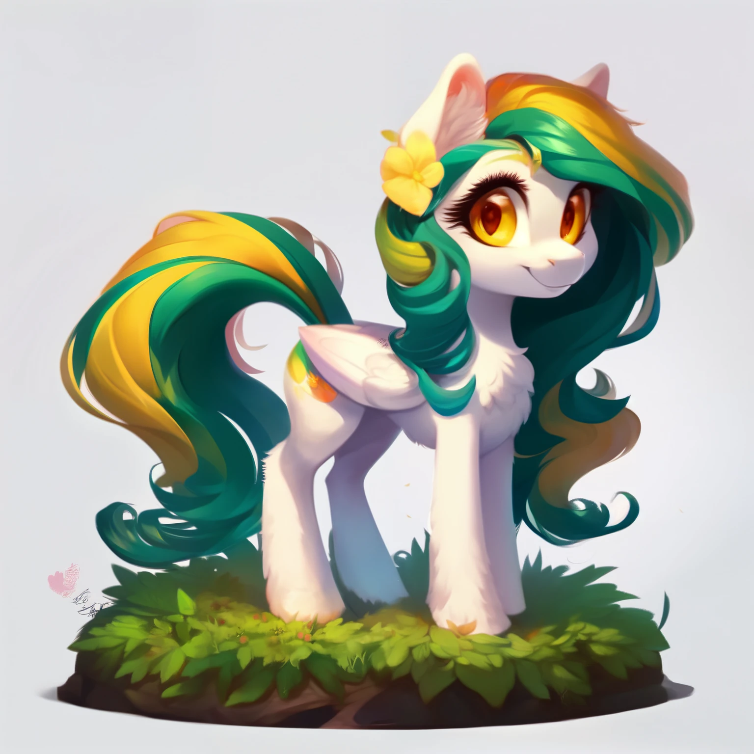 rating_safe, score_9, fluffy,feral pegasus pony, female, round cute face,Elegant moss green hair,Long hair,Straight Hair,White skin,Clear and innocent golden eyes,Bright eyes,Happy smile,Innocent smile。Standing picture,whole body,Standing,White background。