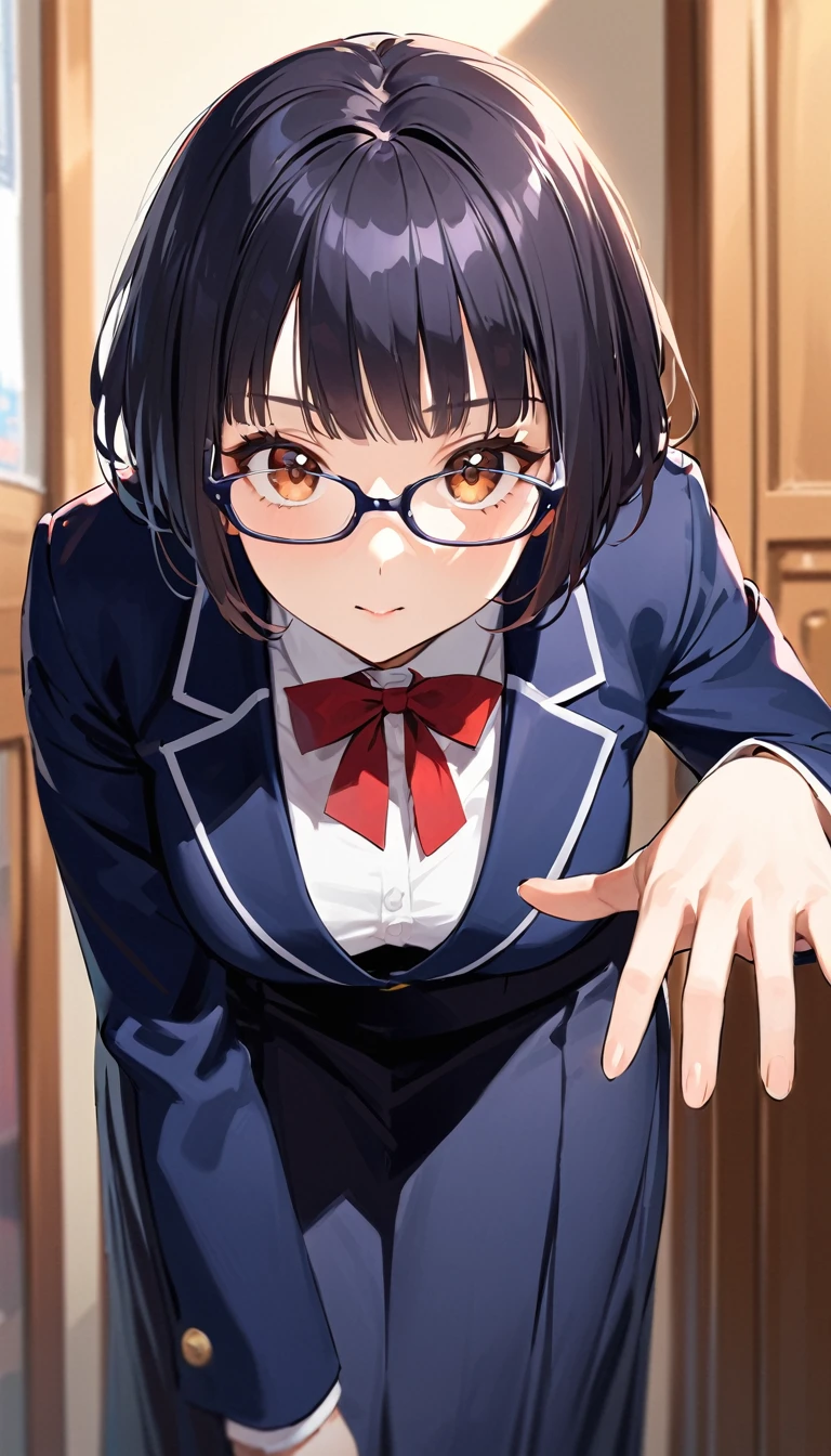 (looking at viewer), A high school girl with black short bob hair, Glasses,Red ribbon,wearing a navy blazer , A high school girl with black short bob hair, wearing a navy blazer ,Glasses, Navy long skirt,please,Are standing,Bowing the head,Leaning forward,Extend your right hand forward