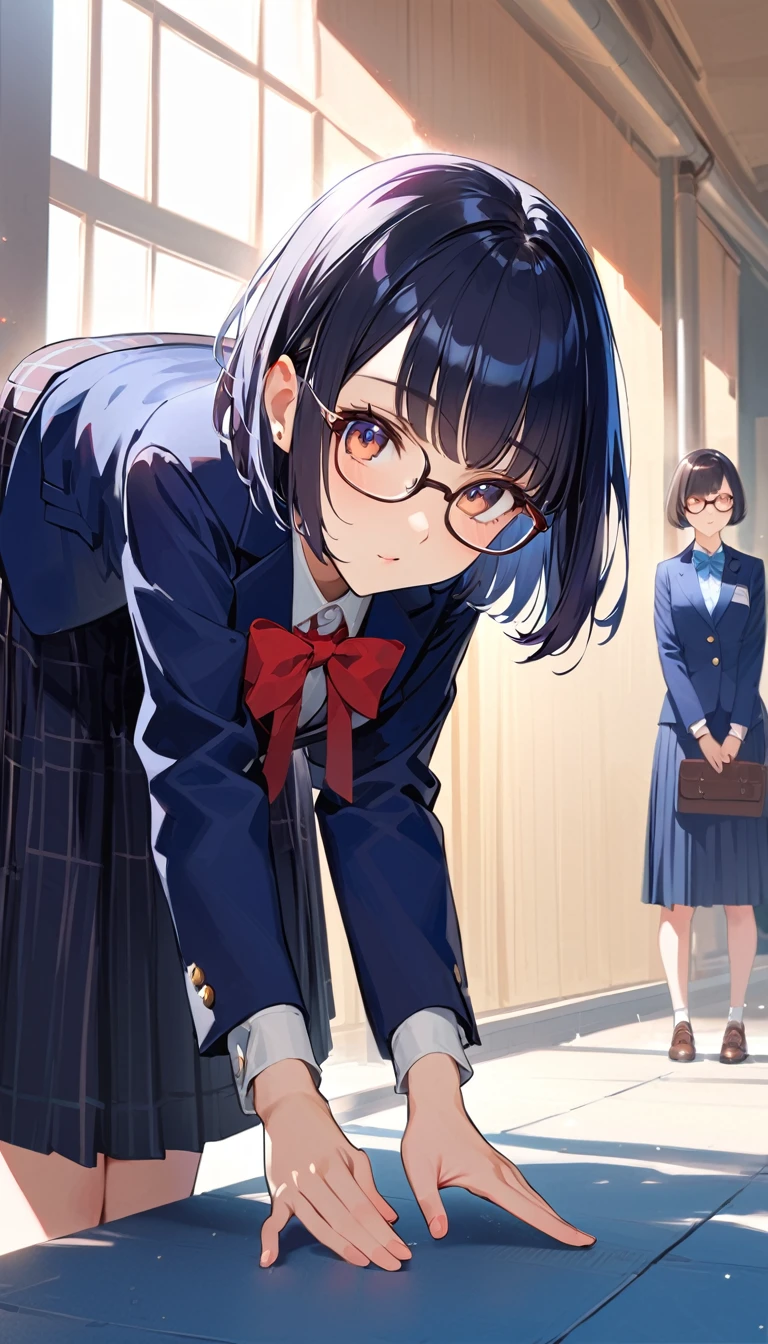 (looking at viewer), A high school girl with black short bob hair, Glasses,Red ribbon,wearing a navy blazer , A high school girl with black short bob hair, wearing a navy blazer ,Glasses, Navy long skirt,please,Are standing,Bowing the head,Leaning forward,Extend your right hand forward