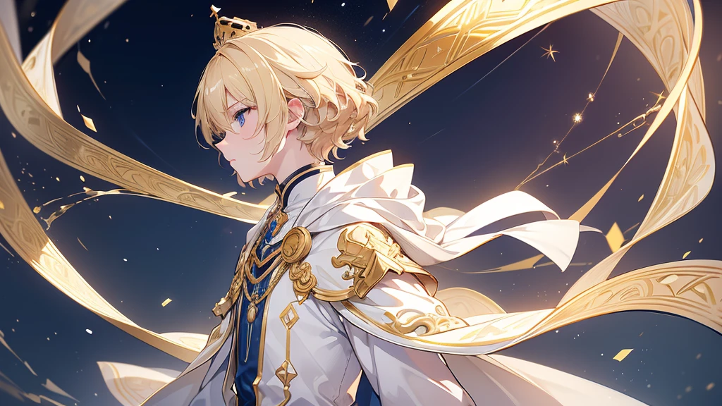(Highest quality) (4K) (8k) (High resolution) (masterpiece:1.2) (Super detailed) One boy short hair Wizard Blue Eyes Long sleeve Golden decoration Hair between the eyes White costume Wavy golden hair Upper Body Young Serious A of about fifteen years old Upper Body Blonde Look at top left ((profile)) Wear the crown