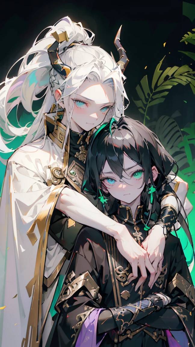 cheerful boy aristocrat open forehead. dark green hair braided in a ponytail on the left side to one side. sinuous black horns wrapped in dark green ribbon. pale green eyes. in short dark green shorts. long white T-shirt. dark green knee-high socks. a white long robe with a hood flutters in the wind. black ancient stone walls of the castle purple light from lamps with gold ornaments, heterochromia, long curly hair, pale skin, I look at the viewer, closed mouth, bright smile, Beautiful, extremely detailed eye, Absolutely amazing art, extremely detailed, Digital art of the highest quality, full length, old piano, ancient walls of a stone castle